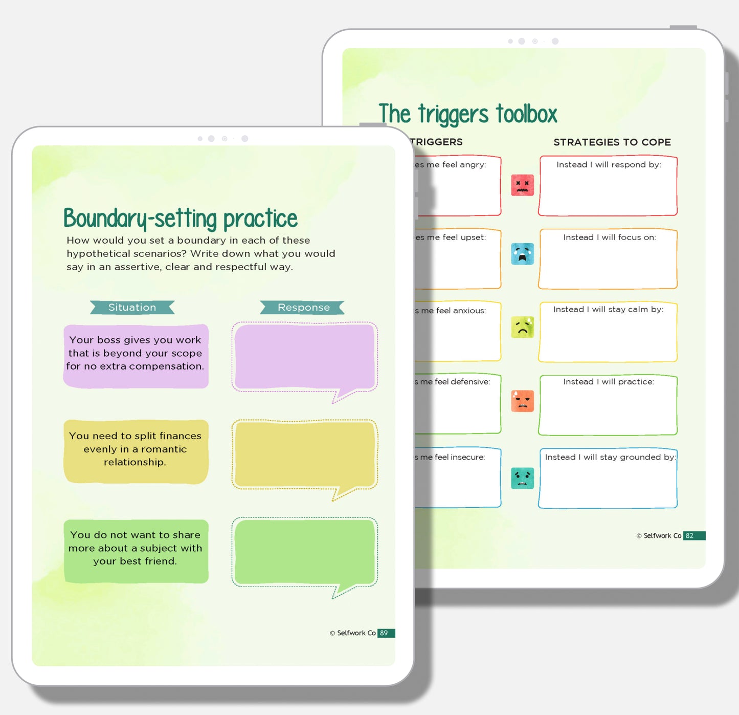 SelfWork Co. Tender Love digital journal pages helping users set boundaries and handle emotional triggers