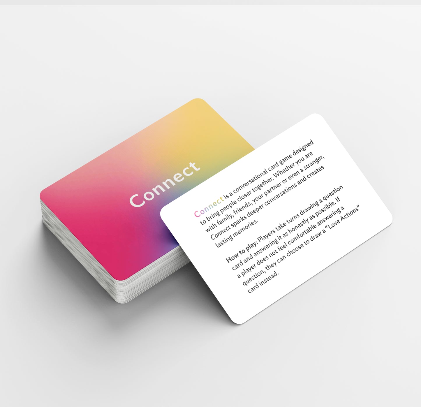SelfWork Co.'s Connect card deck showing a prompt card asking about core values, designed to inspire meaningful self-reflection and intentional conversations