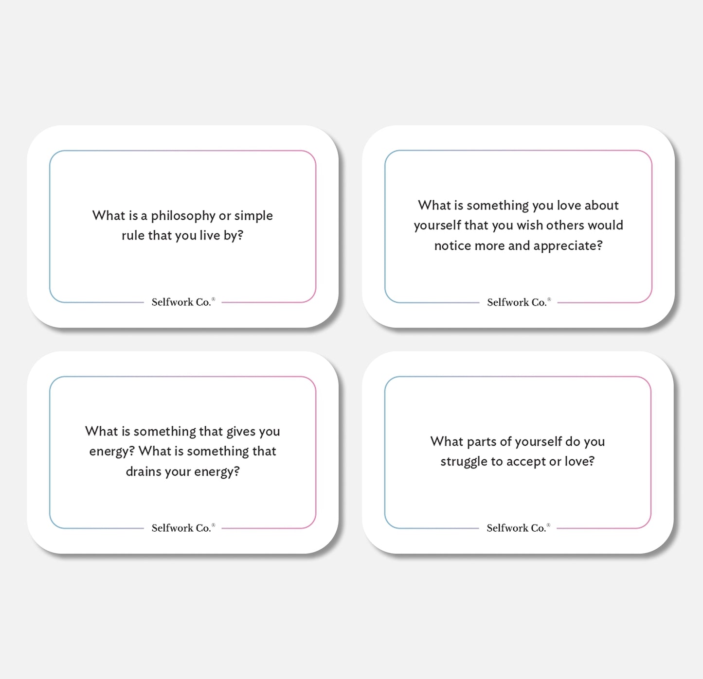 Close-up of four Connect deck cards by SelfWork Co. featuring introspective questions designed to deepen emotional connection, including prompts about values, self-love, energy, and personal growth