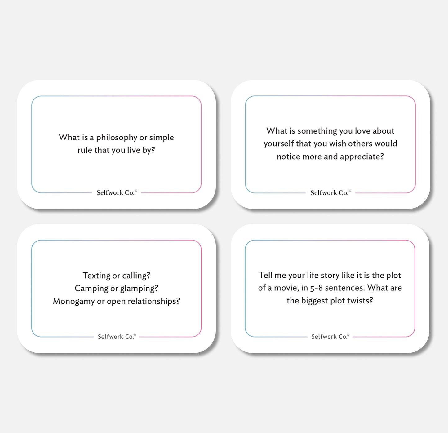 Close-up of four Connect deck cards by SelfWork Co. featuring introspective questions designed to deepen emotional connection, including prompts about values, self-love, energy, and personal growth