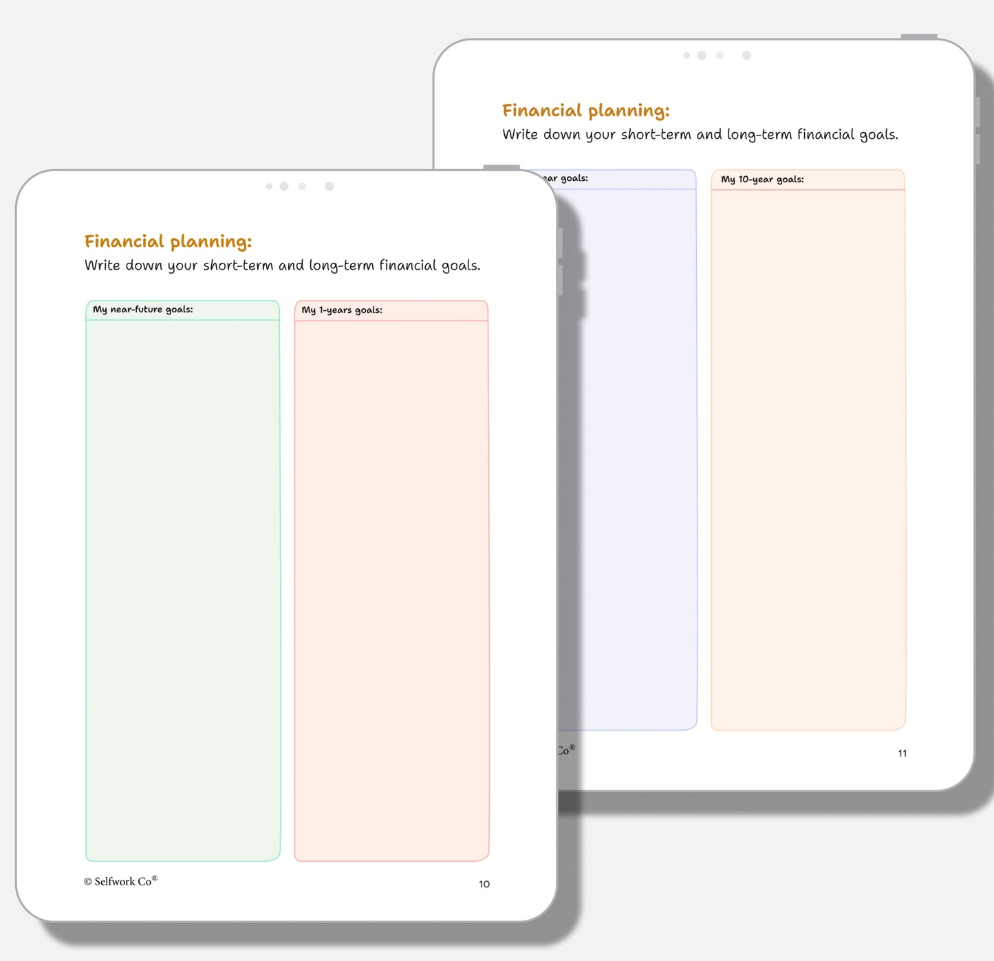 SelfWork Co. Vision Journal digital version showing sections for short-term and long-term financial goals