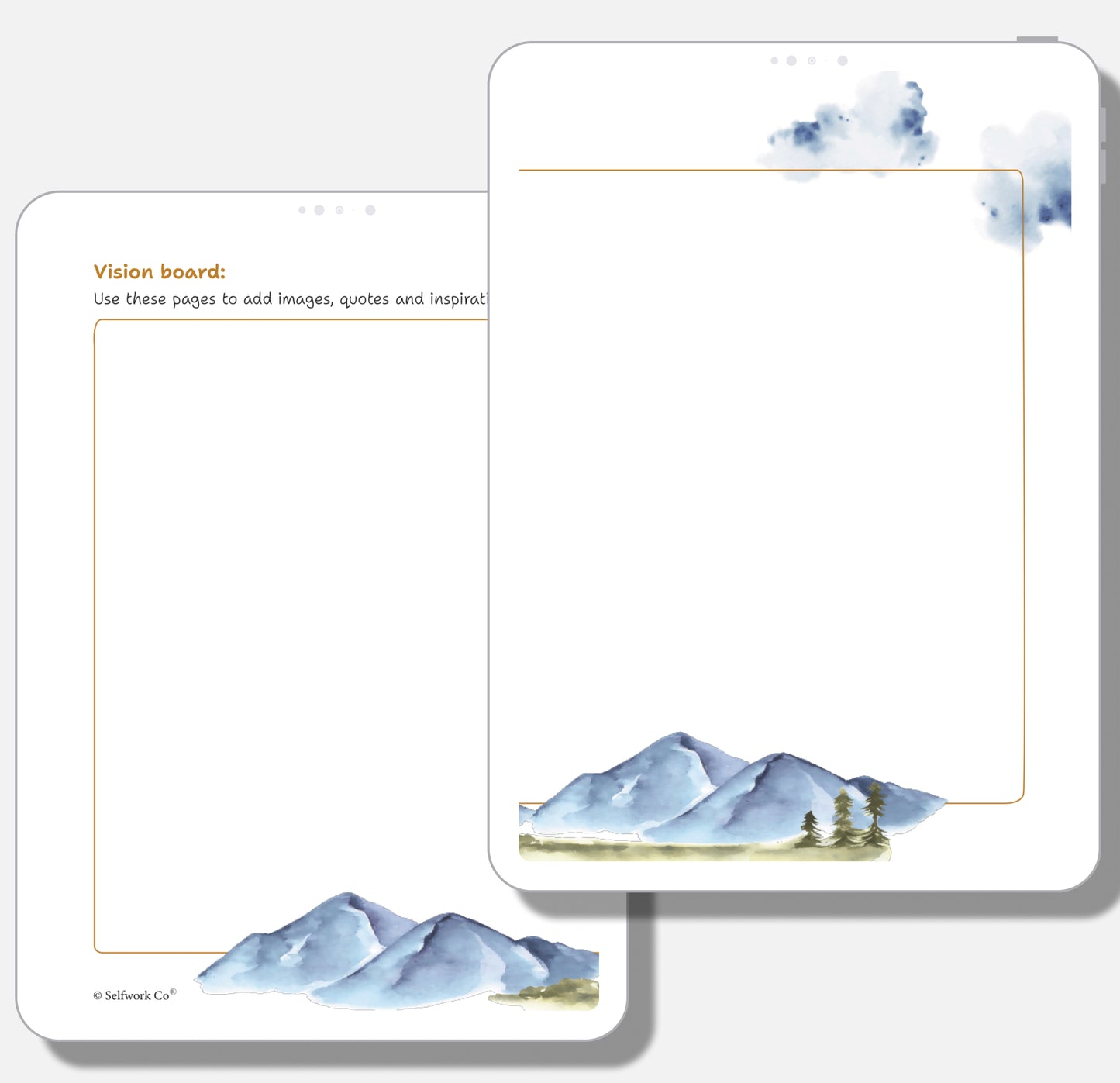 Blank vision board pages in SelfWork Co. digital Vision Journal with watercolor mountain design and cloud accents