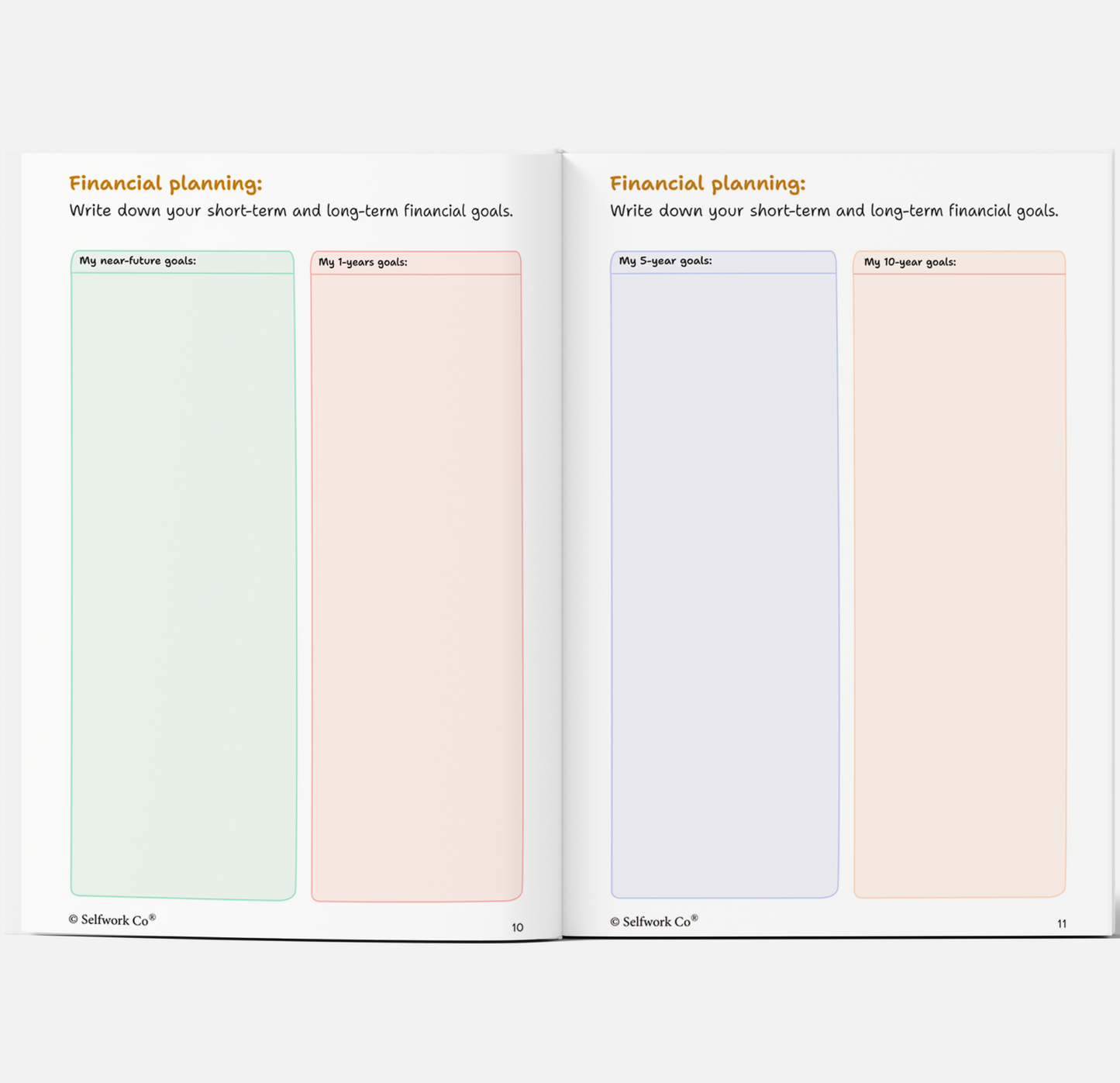 Financial planning pages in SelfWork Co. Vision Journal with sections for 1-year, 5-year, and 10-year goals