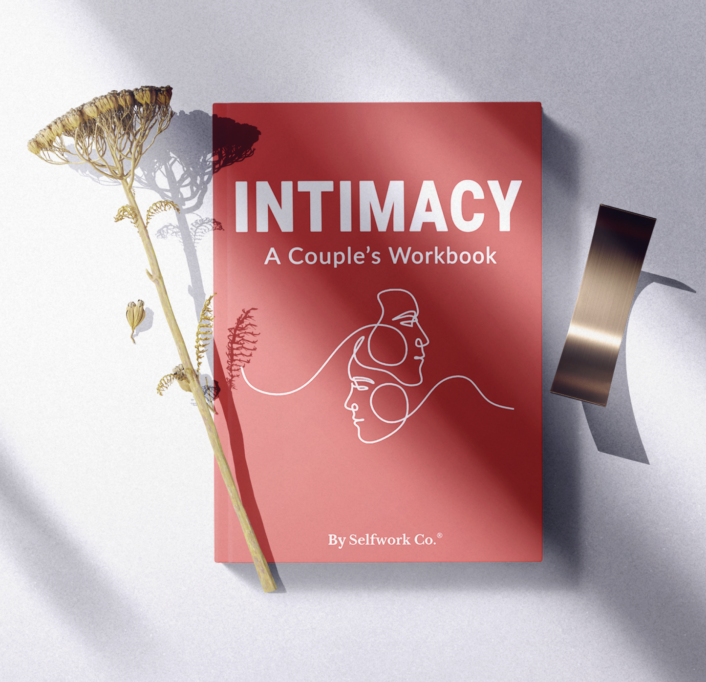 Book titled 'Intimacy: A Couple's Workbook' by Selfwork Co. on a light background with decorative elements.