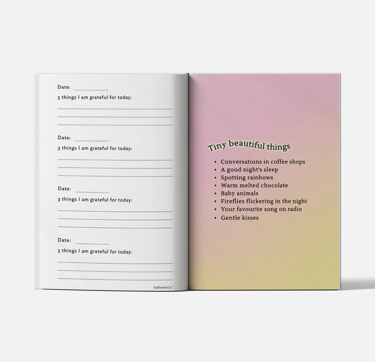 Physical gratitude journal with 3-things-a-day entries and a list of tiny joys like rainbows, music, and chocolate