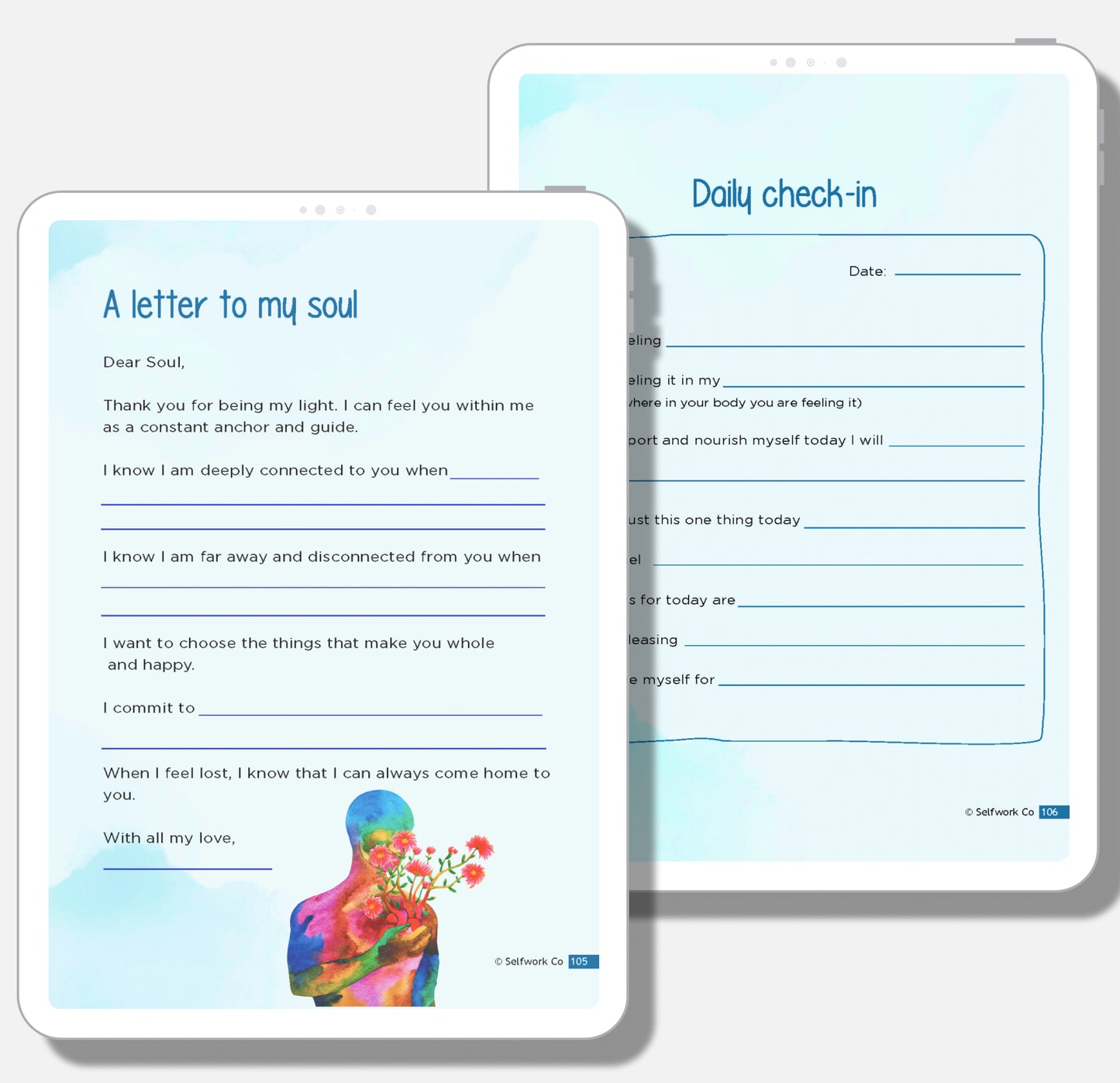 Pages from SelfWork Co.'s digital Tender Love workbook featuring letter to your soul and emotional check-in