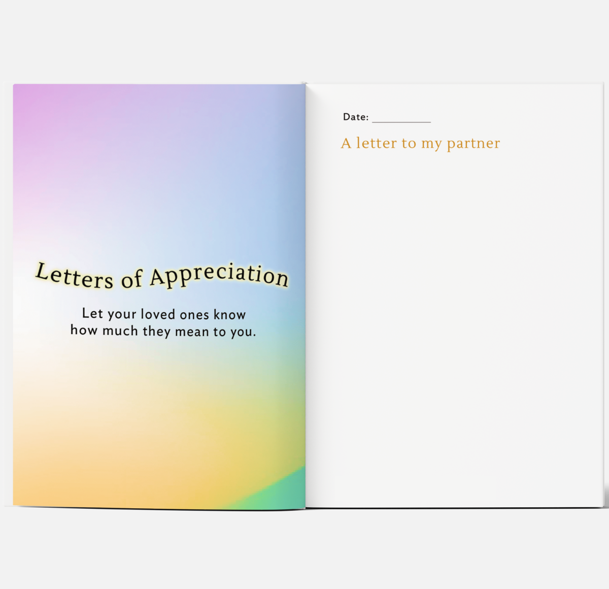 Letters of appreciation section from the SelfWork Co. Gratitude Journal with prompt and pastel gradient