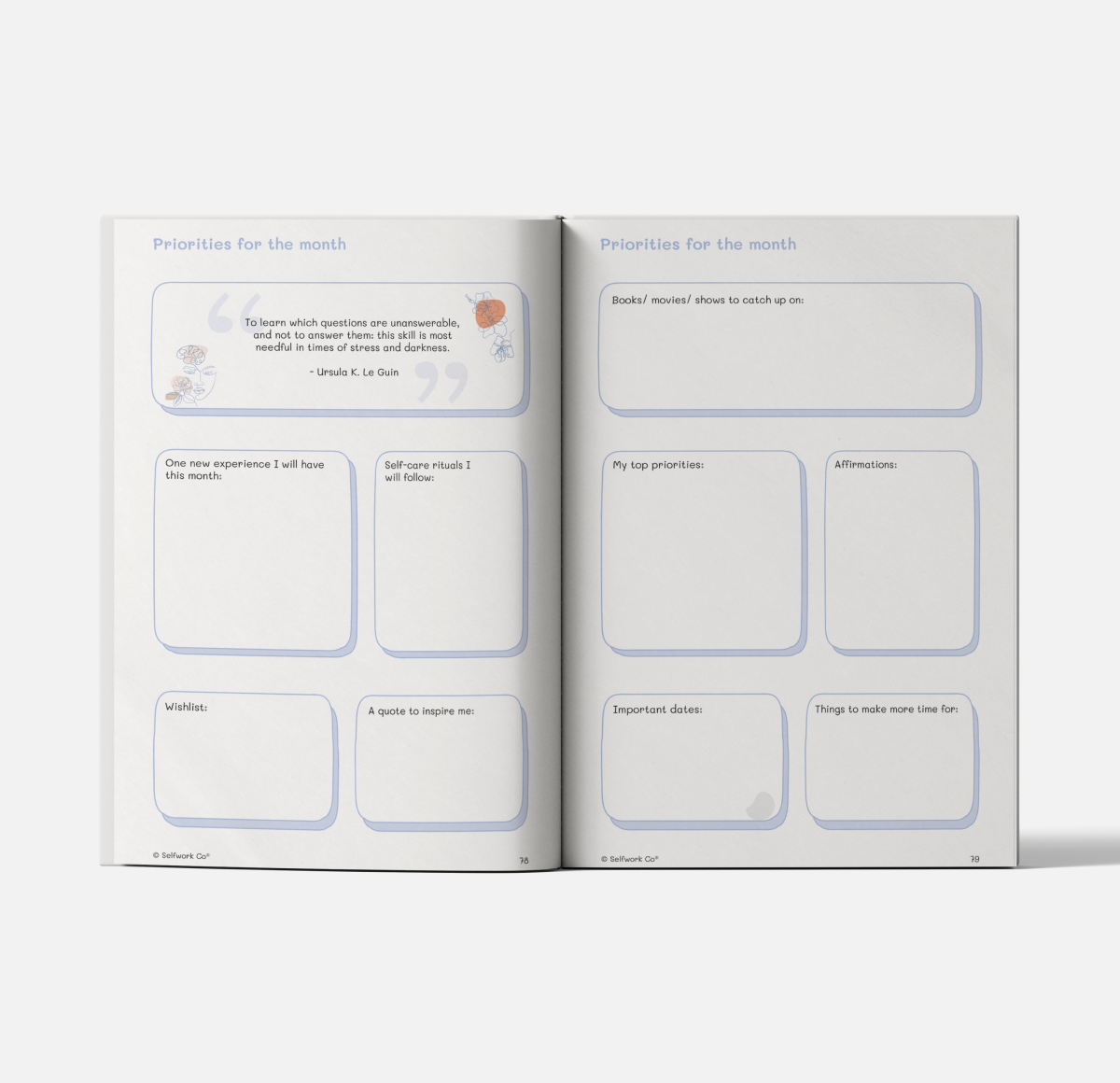Two-page spread from Self-Care Planner showing monthly priorities, affirmations, rituals, quotes, and wishlist prompts