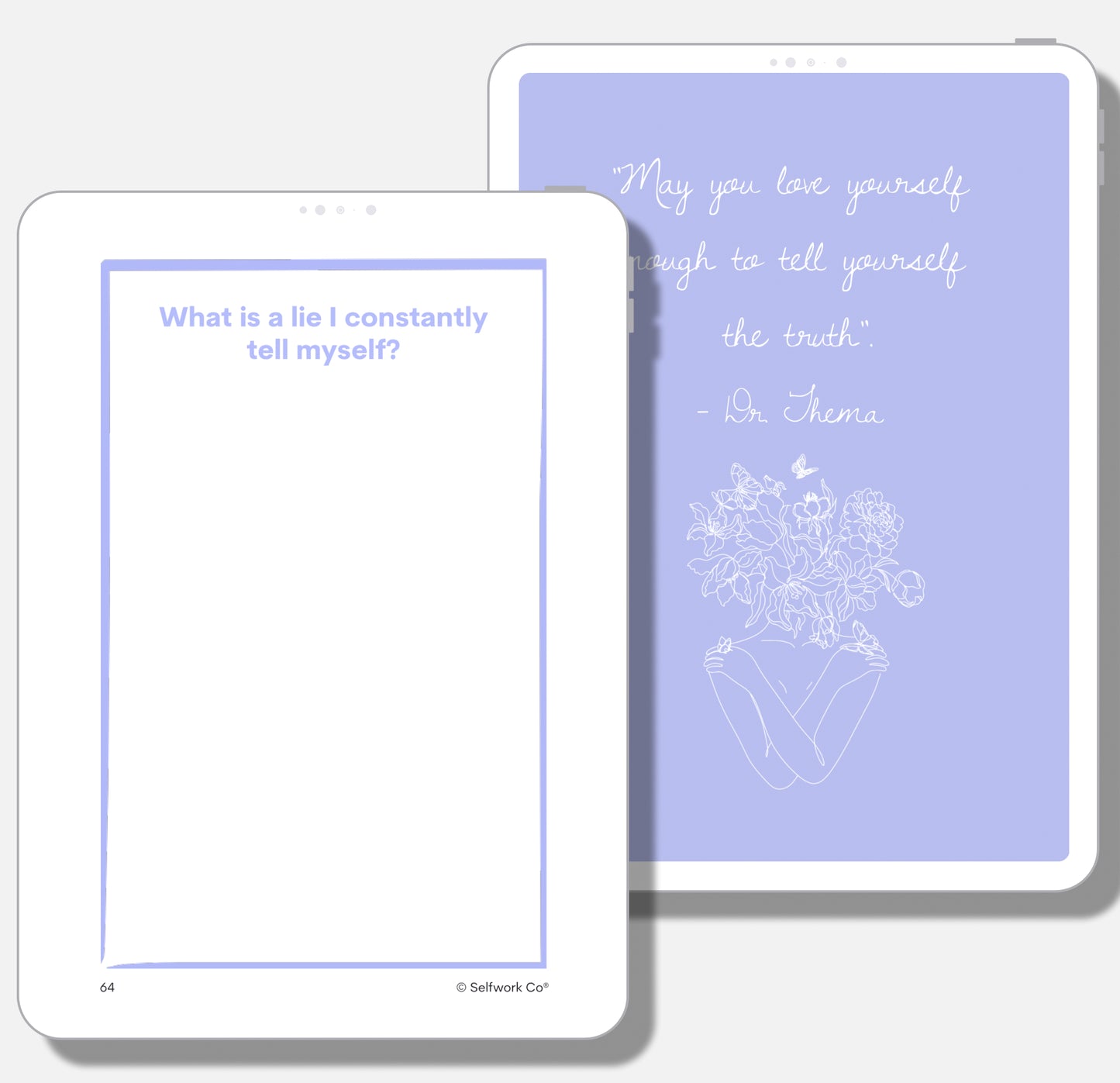 Dr. Thema quote on truth and self-love paired with a digital journal prompt asking about personal false beliefs