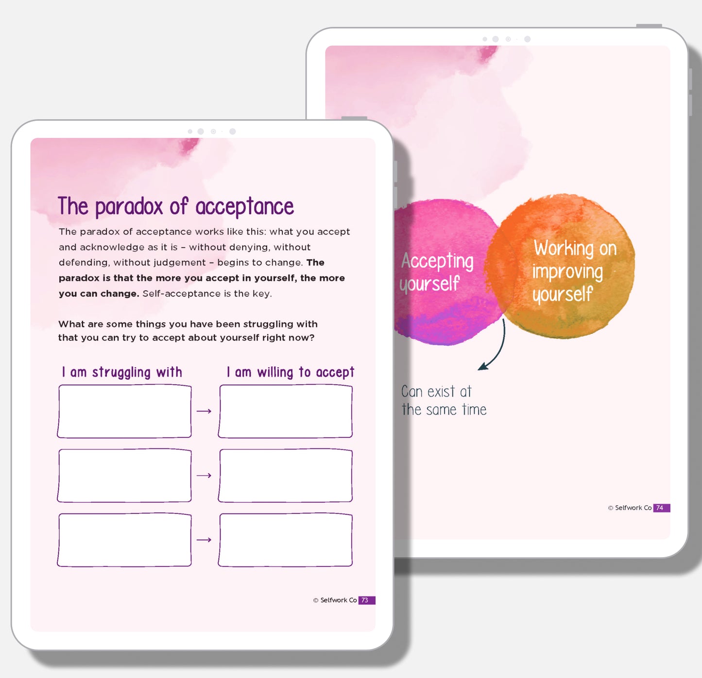 Tender Love workbook digital pages explaining self-acceptance and personal growth through Venn diagram exercise