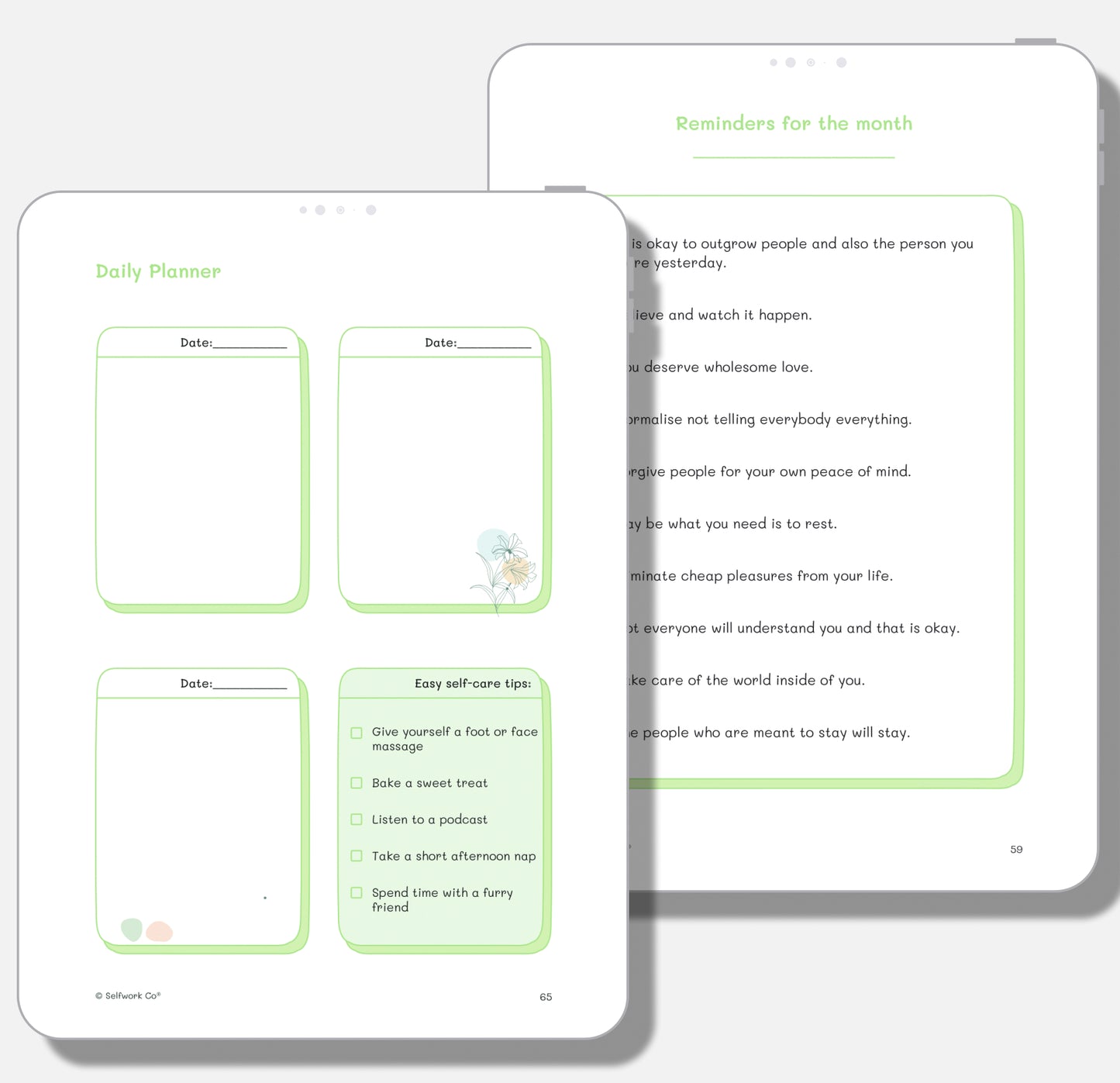 Daily planner and reminders for the month from the digital self-care planner showing writing prompts and self-care tip checklist.