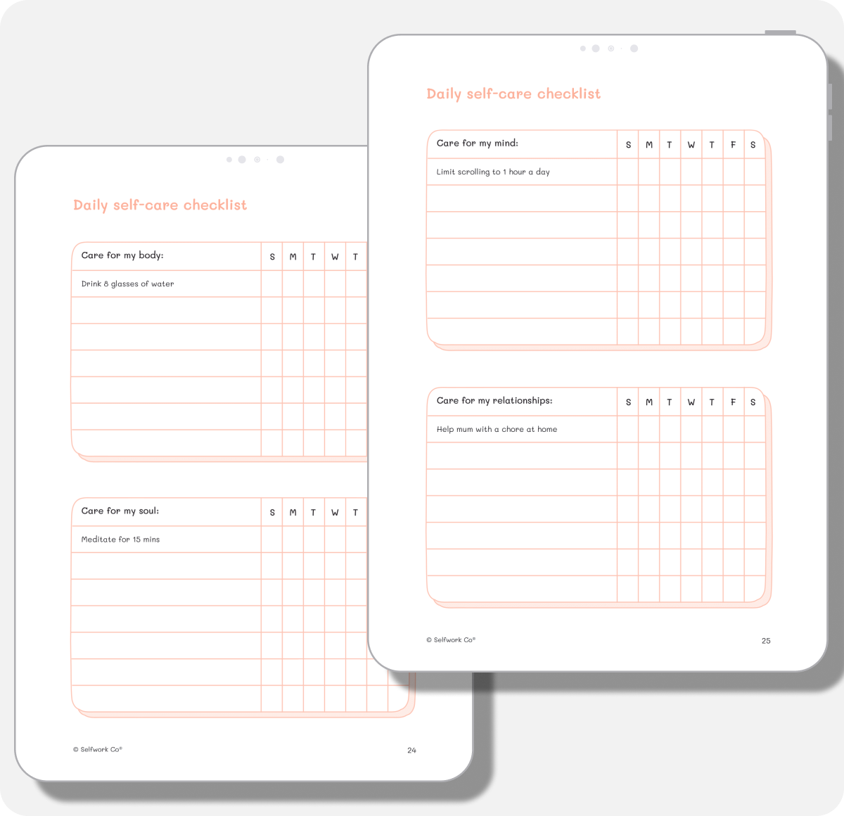 Self-care checklist pages from the digital planner to track habits and care across body, mind, soul, and relationships.