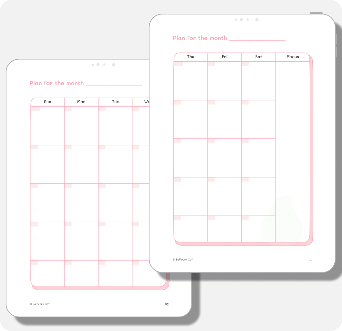 Two-page undated monthly calendar layout from the self-care digital planner, in soft pink tones for flexible planning.