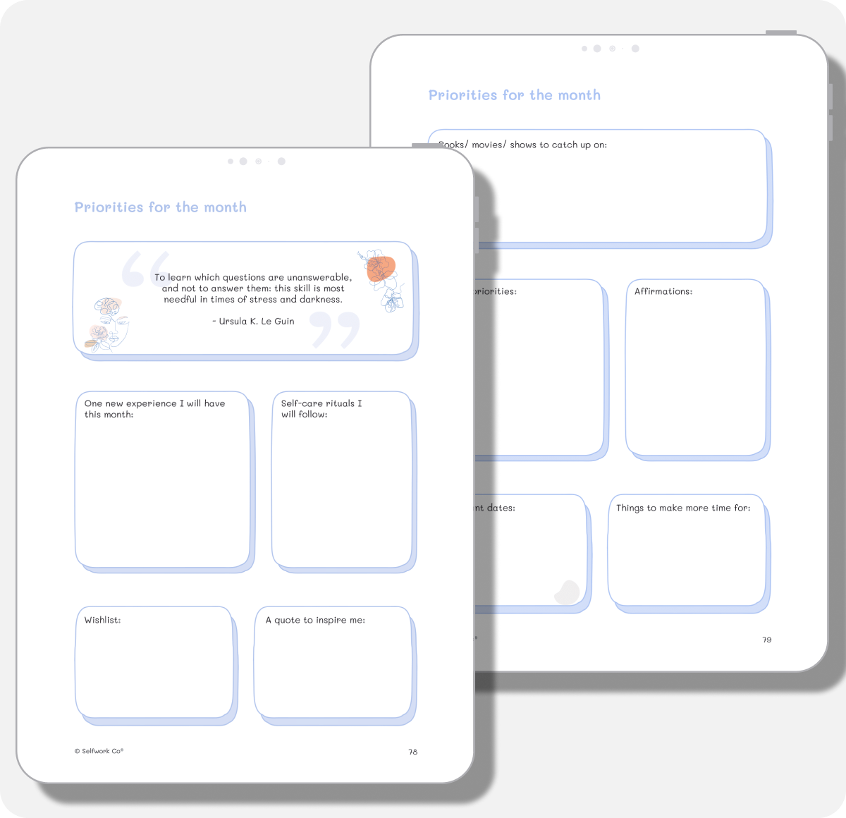 Two-page monthly priorities layout in the self-care digital planner with prompts for rituals, wishlist, and quotes.