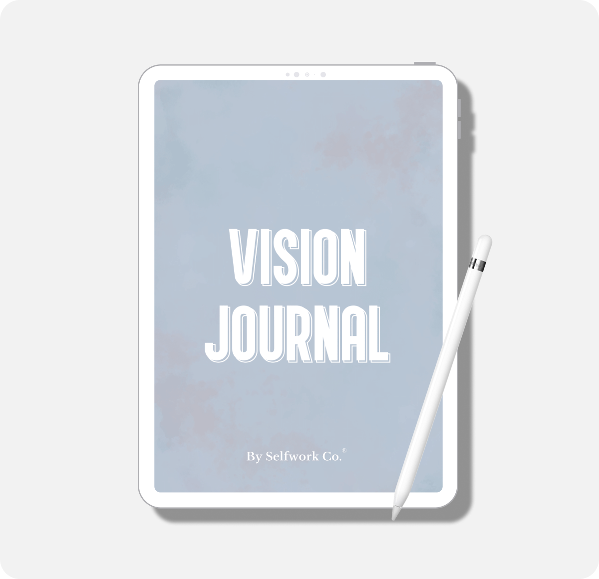 SelfWork Co. Vision Journal digital version on tablet with blue textured cover and stylus pen included