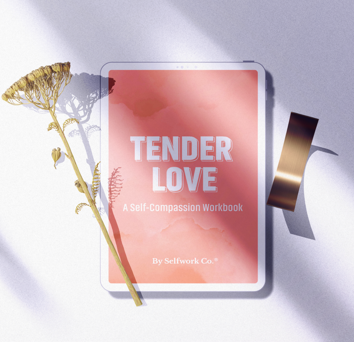 Digital version of Tender Love workbook on tablet, styled with dried flowers and ribbon in soft natural lighting