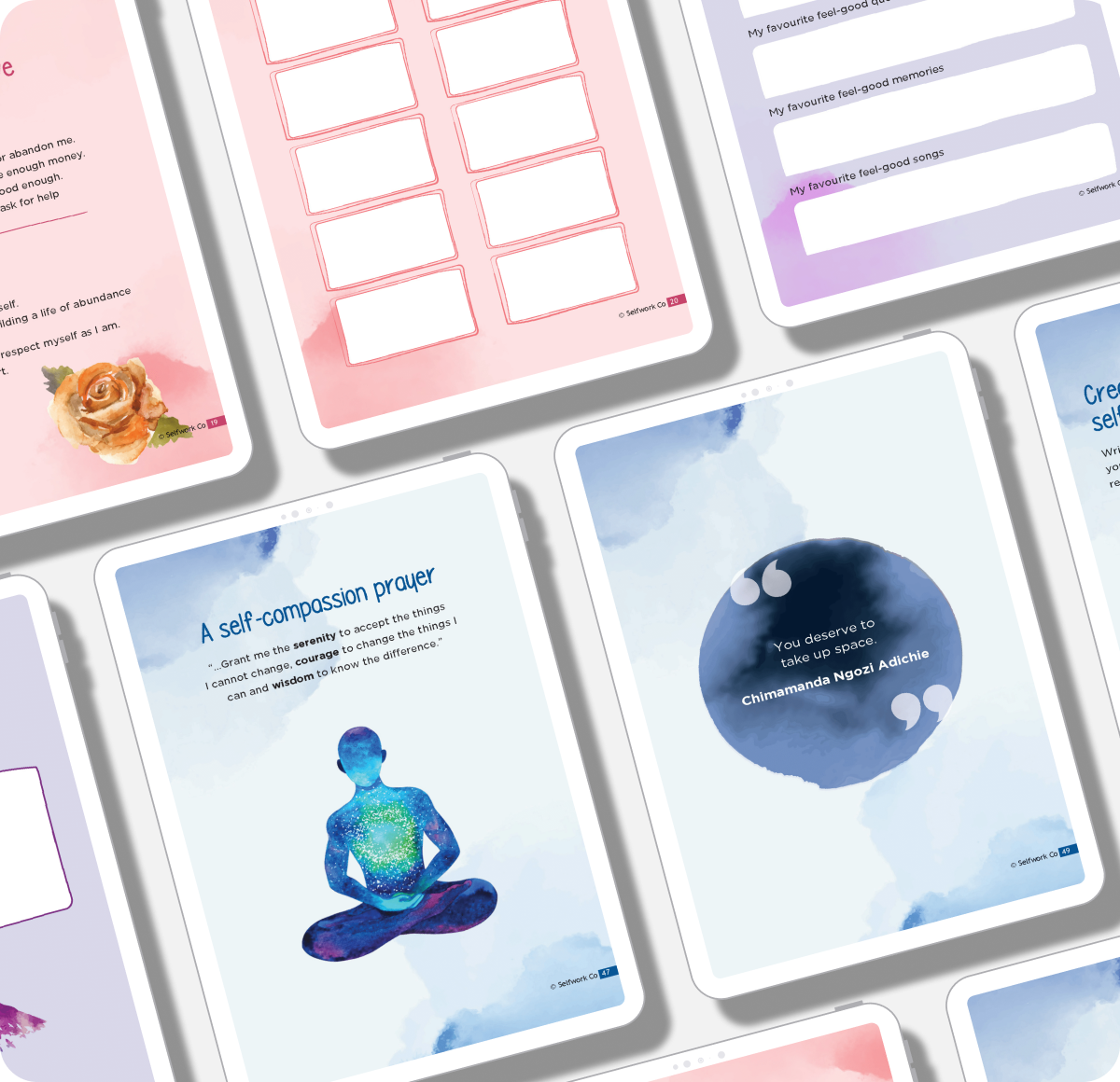 Flatlay of Tender Love journal pages highlighting interactive tools for practicing self-love and emotional care.