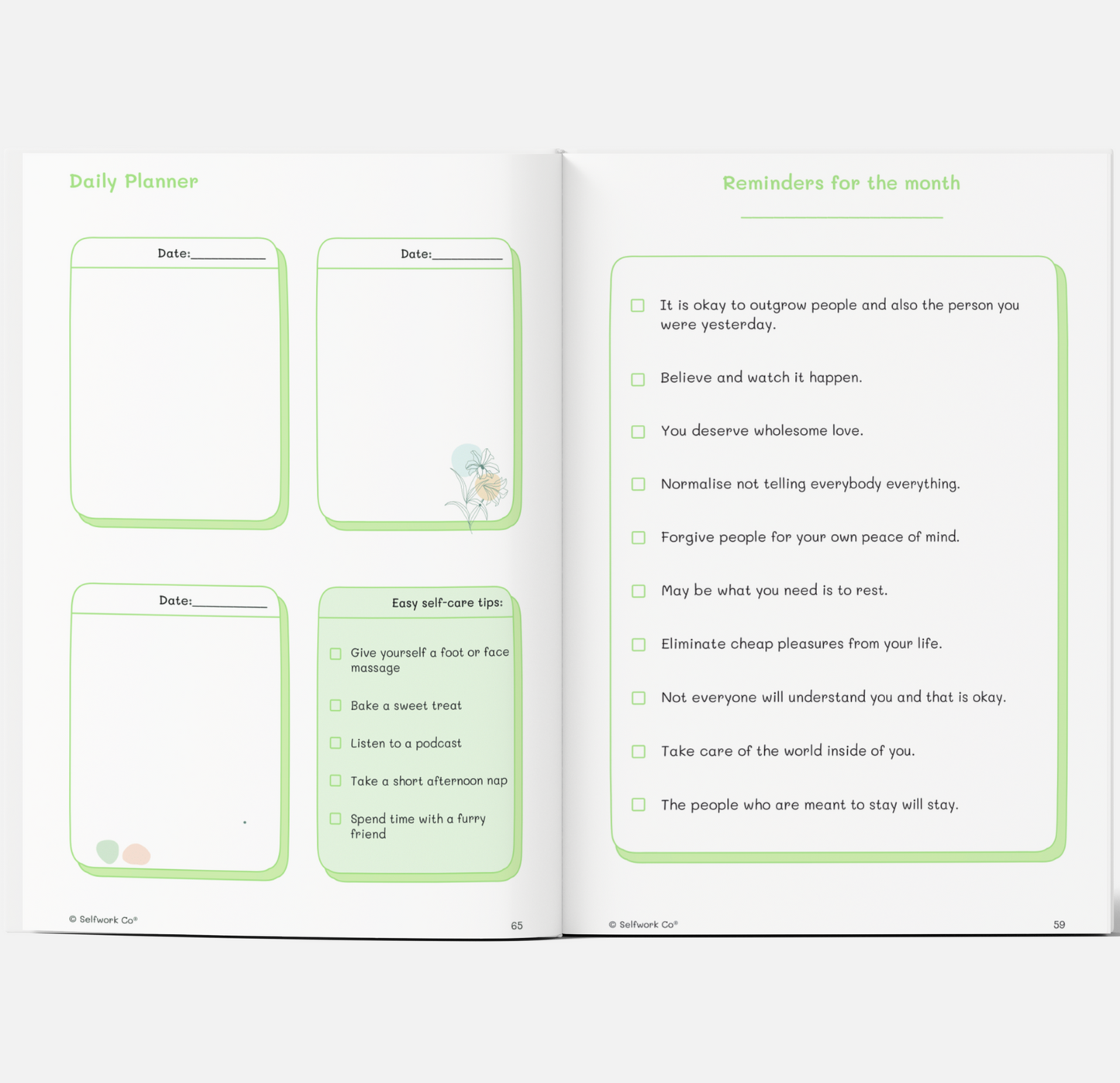 Daily planner and monthly reminders pages from The Self-Care Planner (physical), featuring checklists and self-care tips.