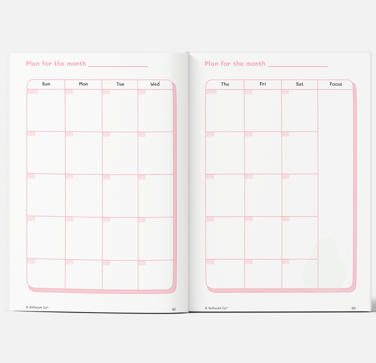 Monthly calendar layout in The Self-Care Planner (physical), designed for flexible planning and focus tracking.
