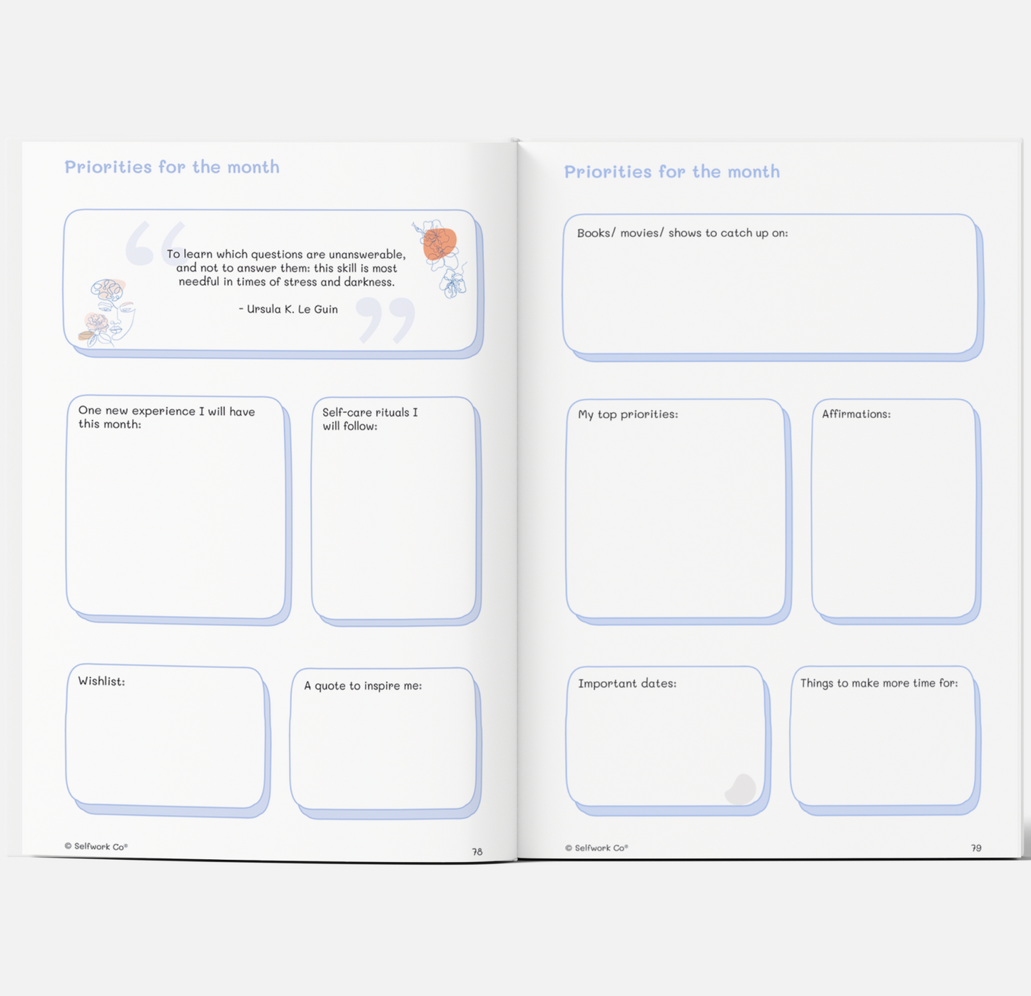 Priorities for the month pages from The Self-Care Planner (physical), with quotes, affirmations, and reflection prompts.