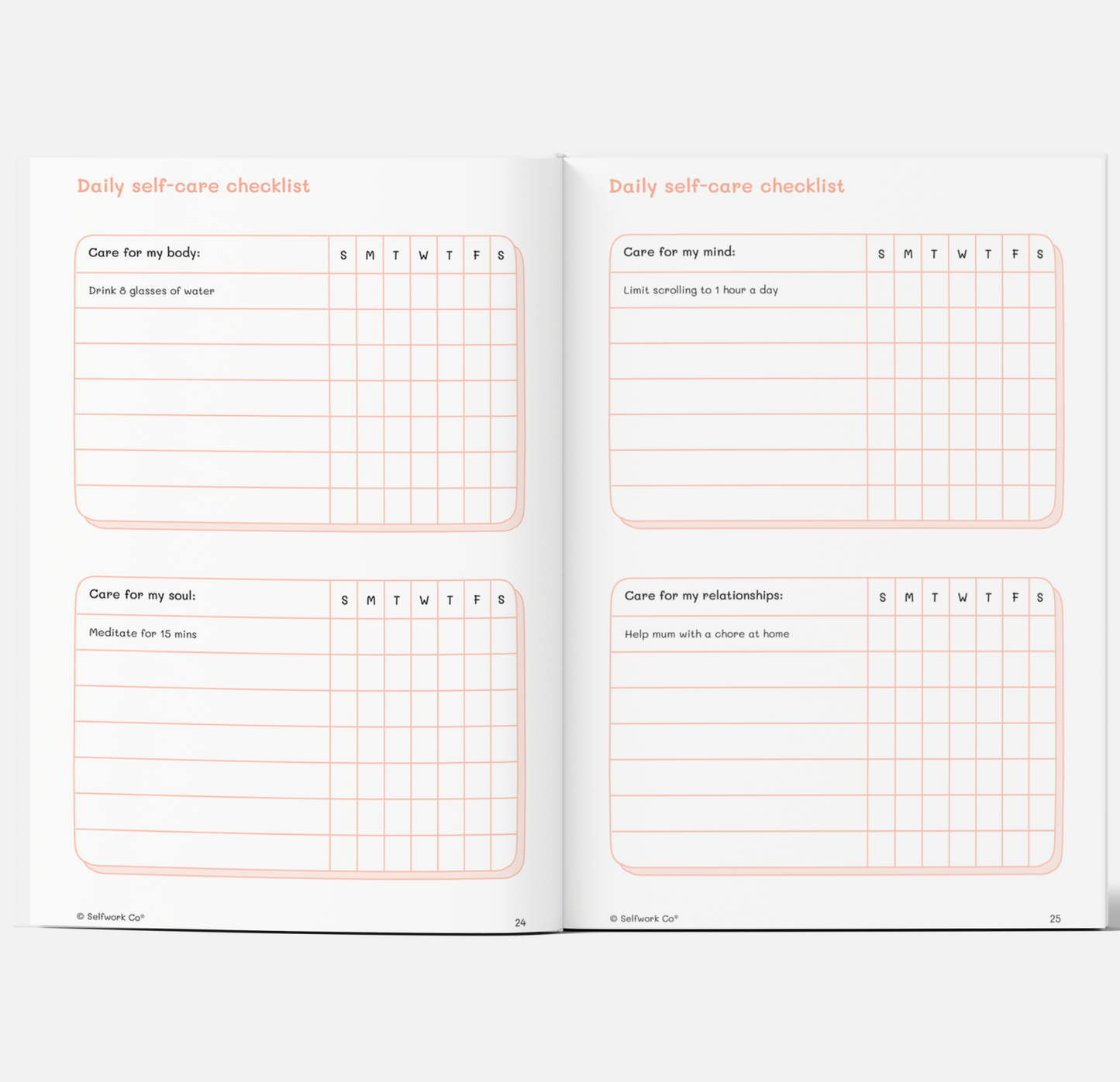 Daily self-care checklist from The Self-Care Planner (physical), with sections for body, mind, soul, and relationships.