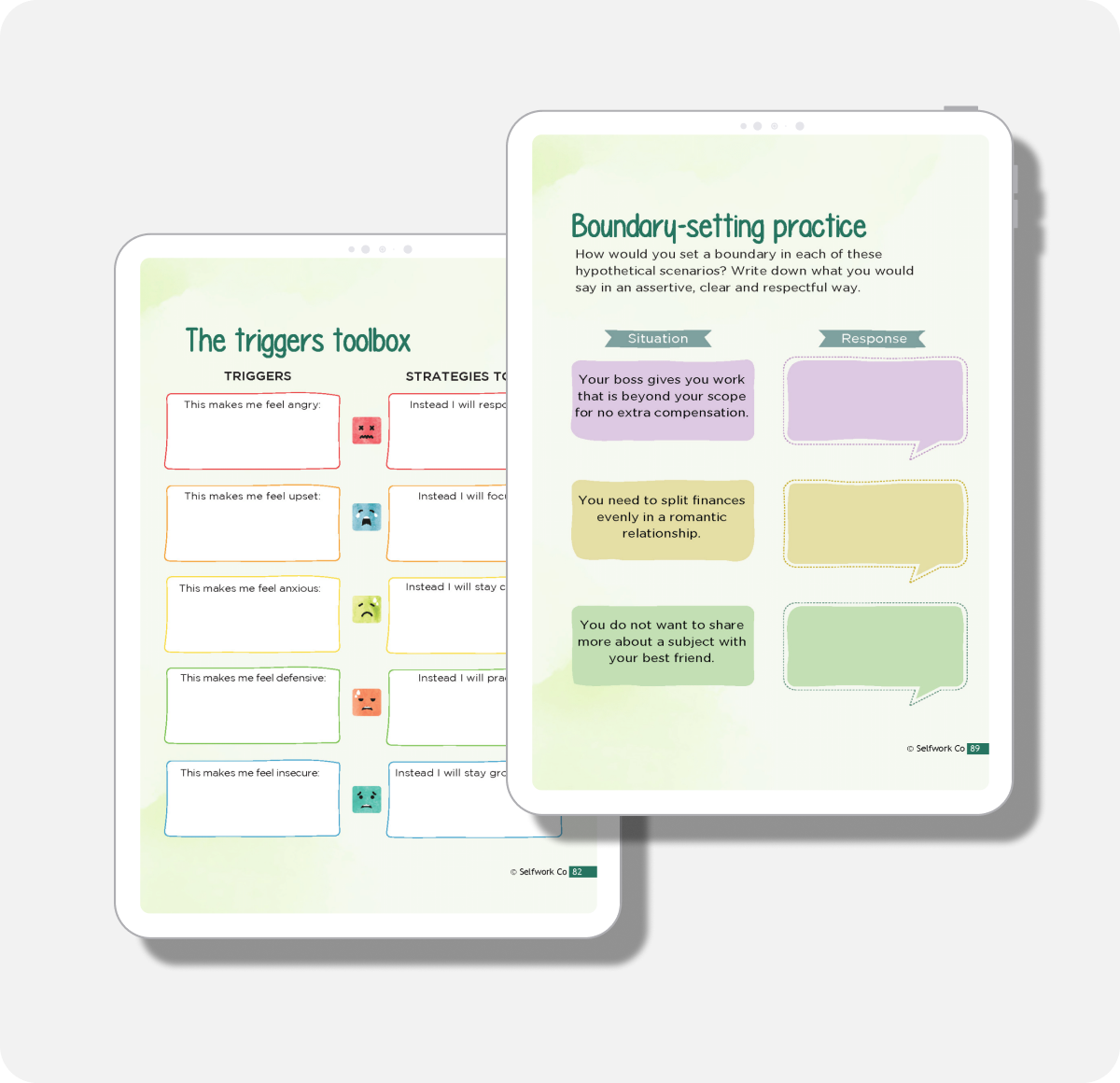 Workbook page with prompts to identify emotional triggers and practice setting healthy boundaries.