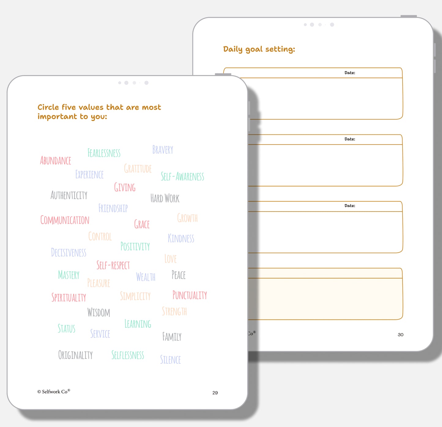 SelfWork Co. Vision Journal digital spread with colorful values to choose from and goal tracking prompts