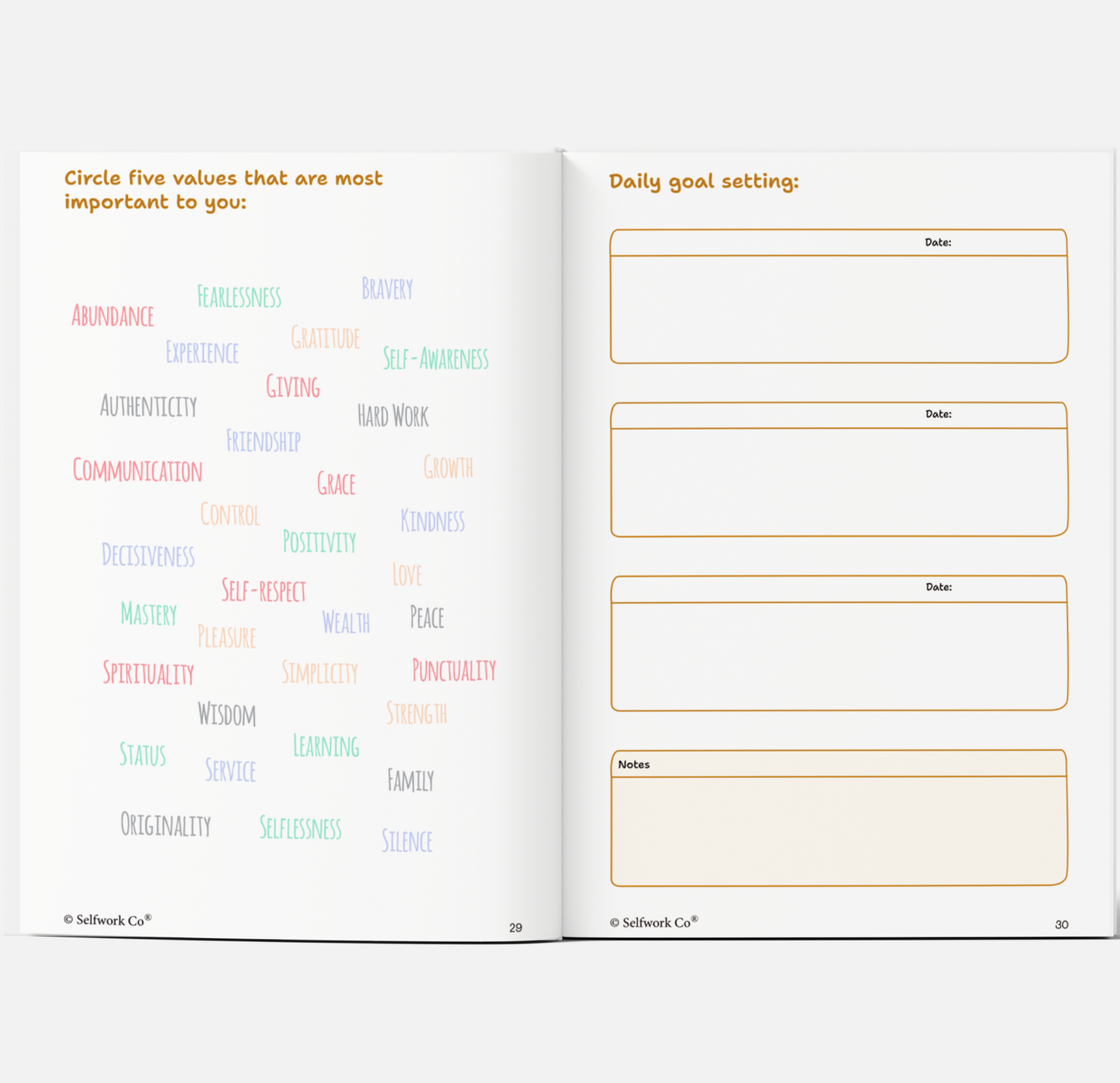 SelfWork Co. Vision Journal spread with values selection on the left and daily goal-setting prompts on the right