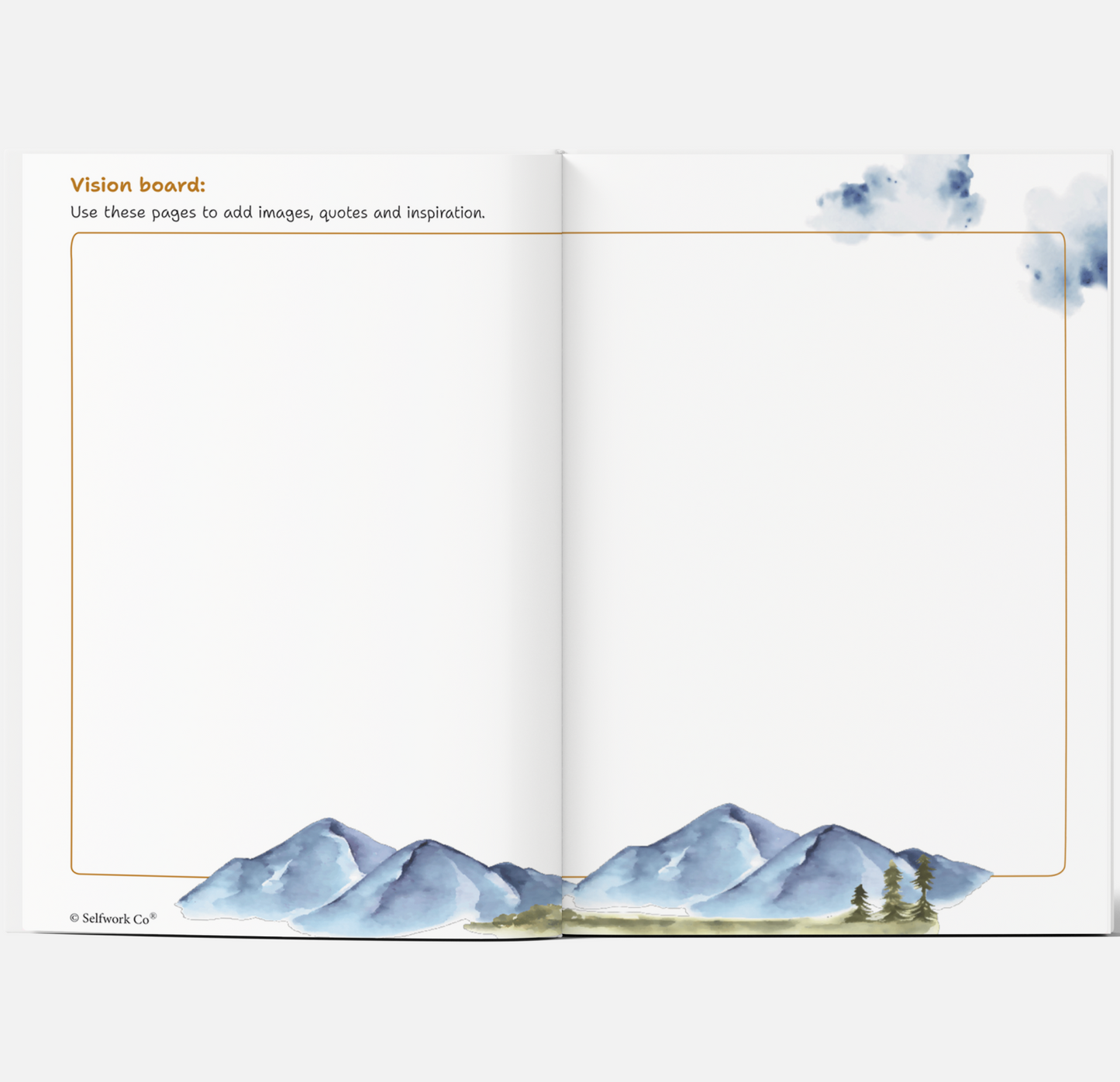 Blank vision board pages inside the SelfWork Co. Vision Journal with watercolor mountains and space for ideas
