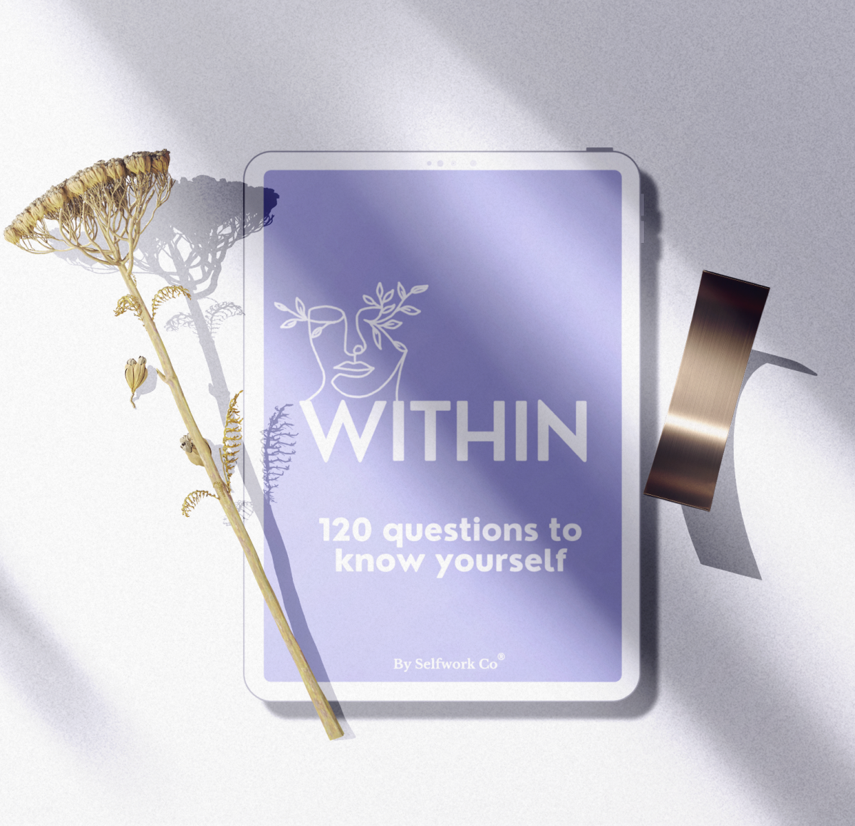 Tablet showing Within journal surrounded by soft, cozy props ideal for reflection moments.