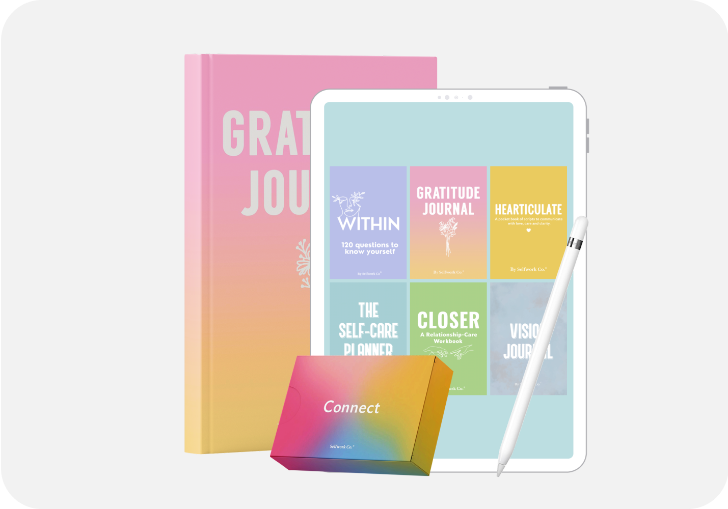 SelfWork Co. digital and physical self-care product bundles on sale, including planners, journals, and card decks for mental wellbeing