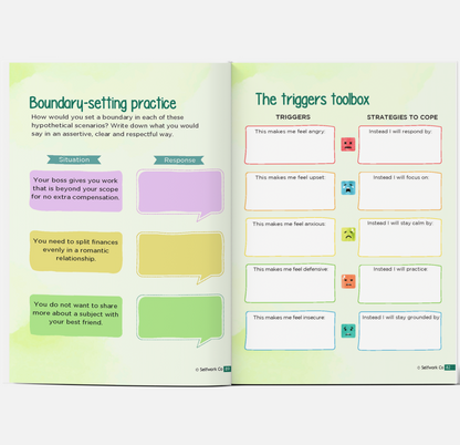 SelfWork Co. Tender Love workbook pages with roleplay boundary-setting practice and coping strategies for emotional triggers
