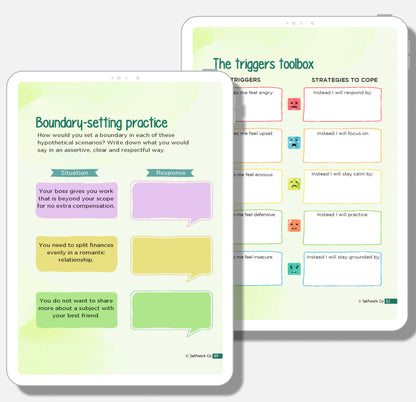 SelfWork Co. Tender Love digital journal pages helping users set boundaries and handle emotional triggers