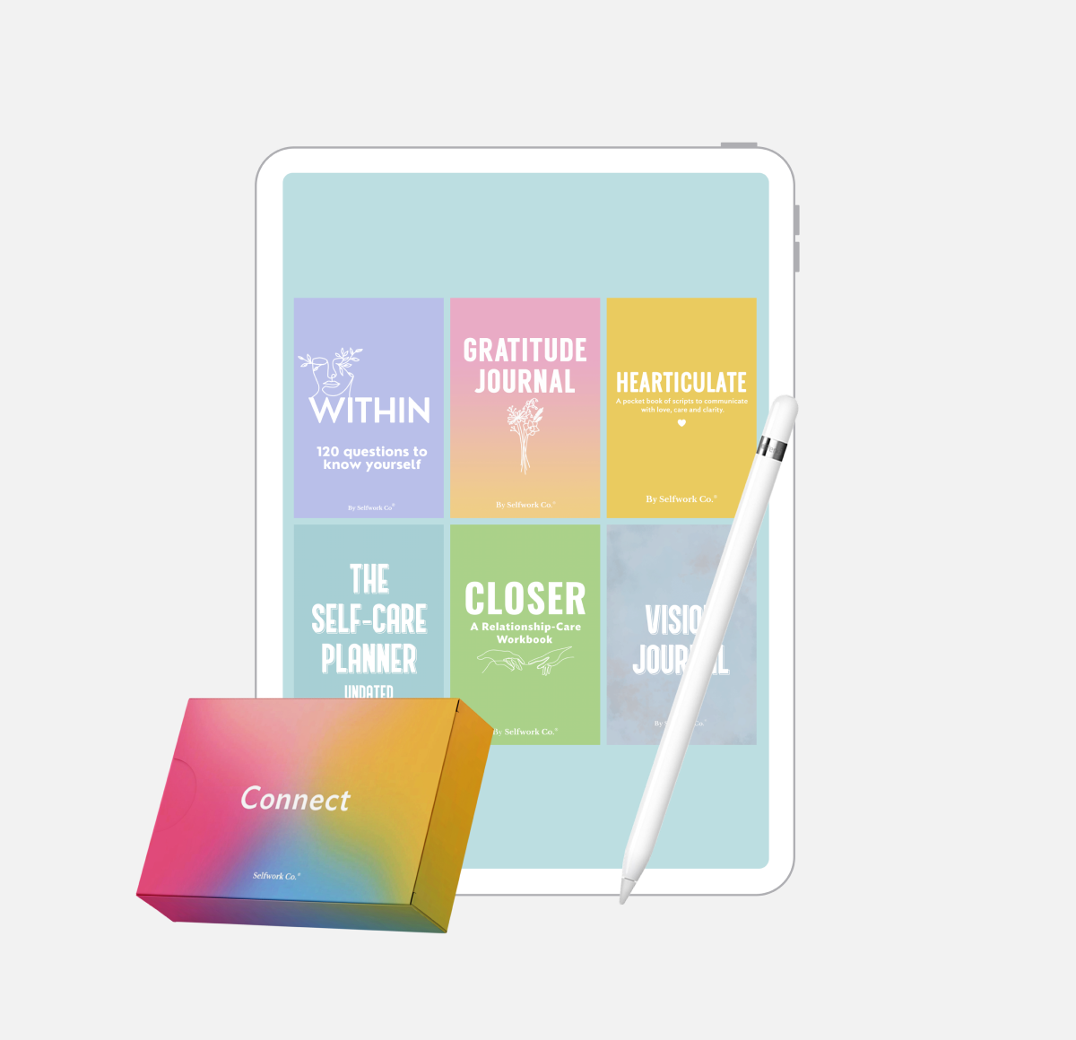 Selfworkco Bundle visual showcasing the essential collection and the connect card game 