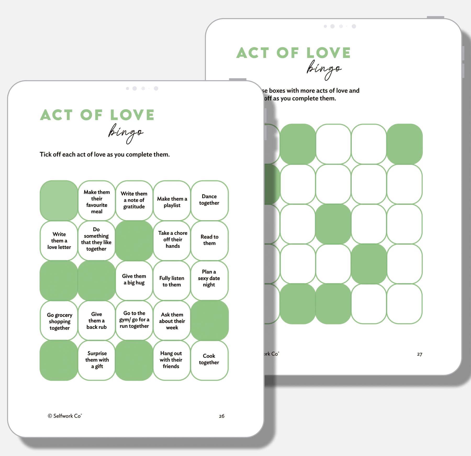Interactive Act of Love Bingo from the Closer digital workbook with playful couple activity ideas.

