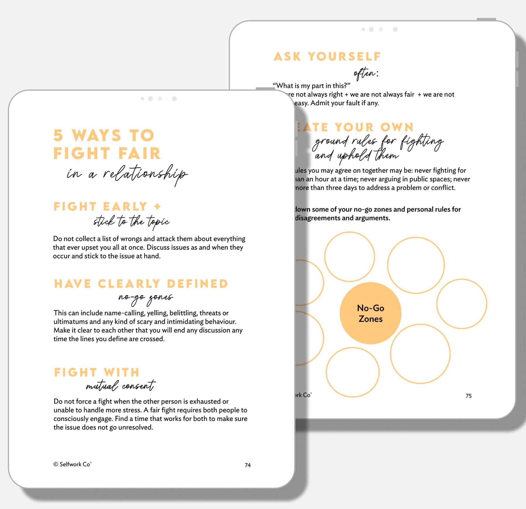 Closer workbook tips on how to fight fair, with communication boundaries and mutual respect tools.

