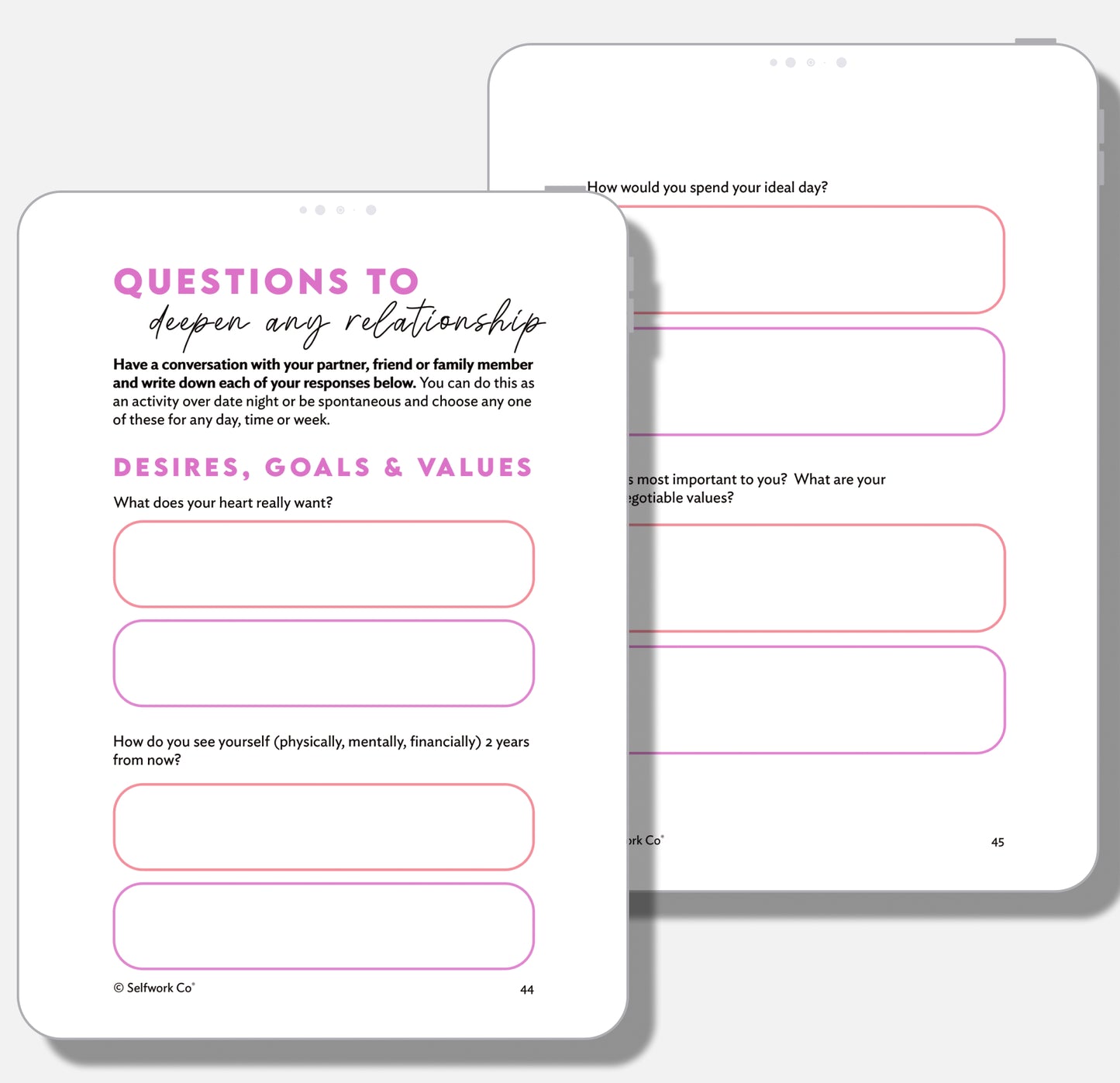 Pages from Closer digital workbook featuring deep questions for partners about goals, values, and desires.