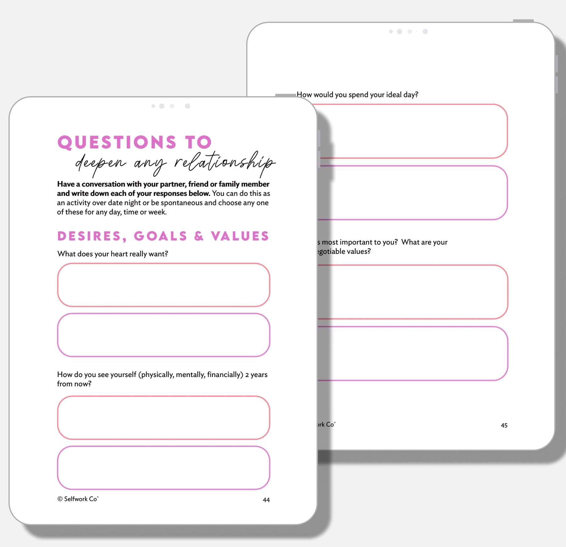 Pages from Closer digital workbook featuring deep questions for partners about goals, values, and desires.