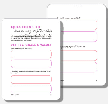Pages from Closer digital workbook featuring deep questions for partners about goals, values, and desires.