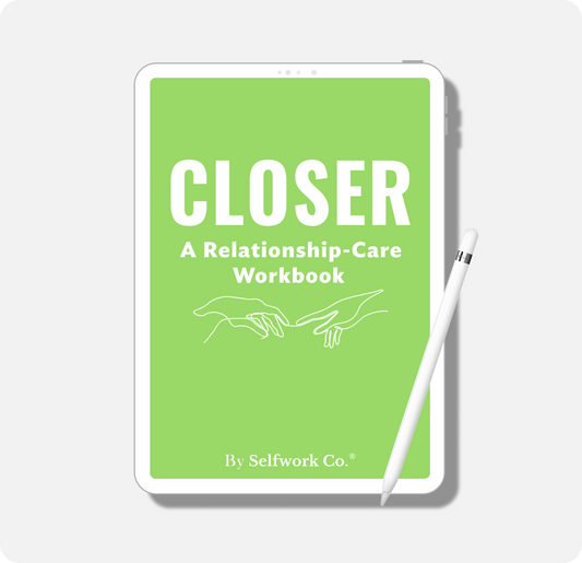 Digital cover of Closer, a relationship-care workbook by Selfwork Co., displayed on a tablet with stylus.

