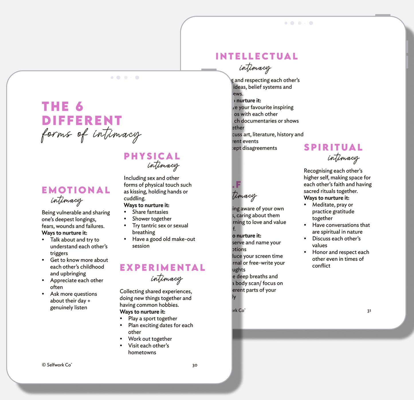 Closer digital workbook page highlighting six forms of intimacy: emotional, physical, spiritual, and more.

