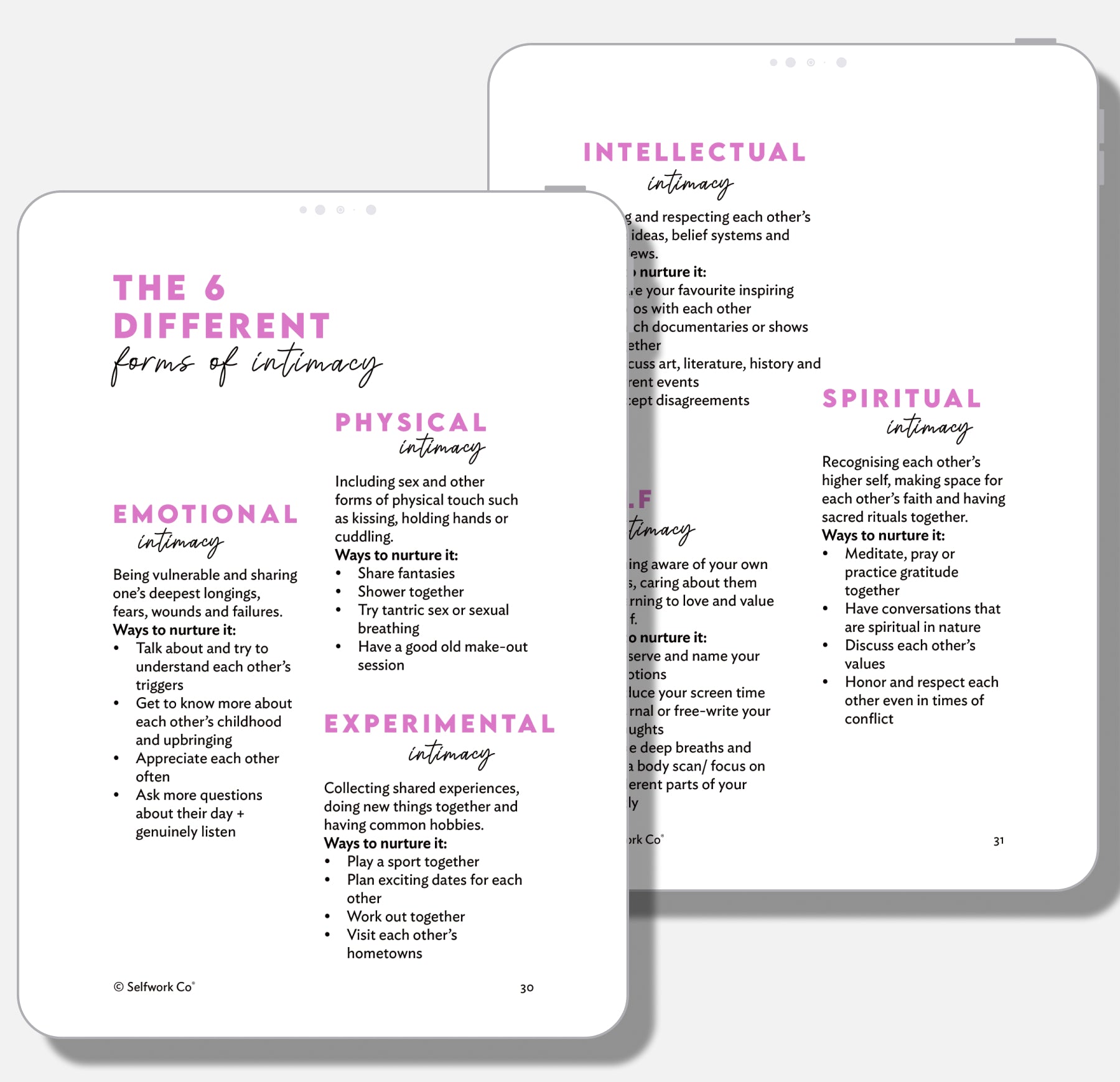 Closer digital workbook page highlighting six forms of intimacy: emotional, physical, spiritual, and more.

