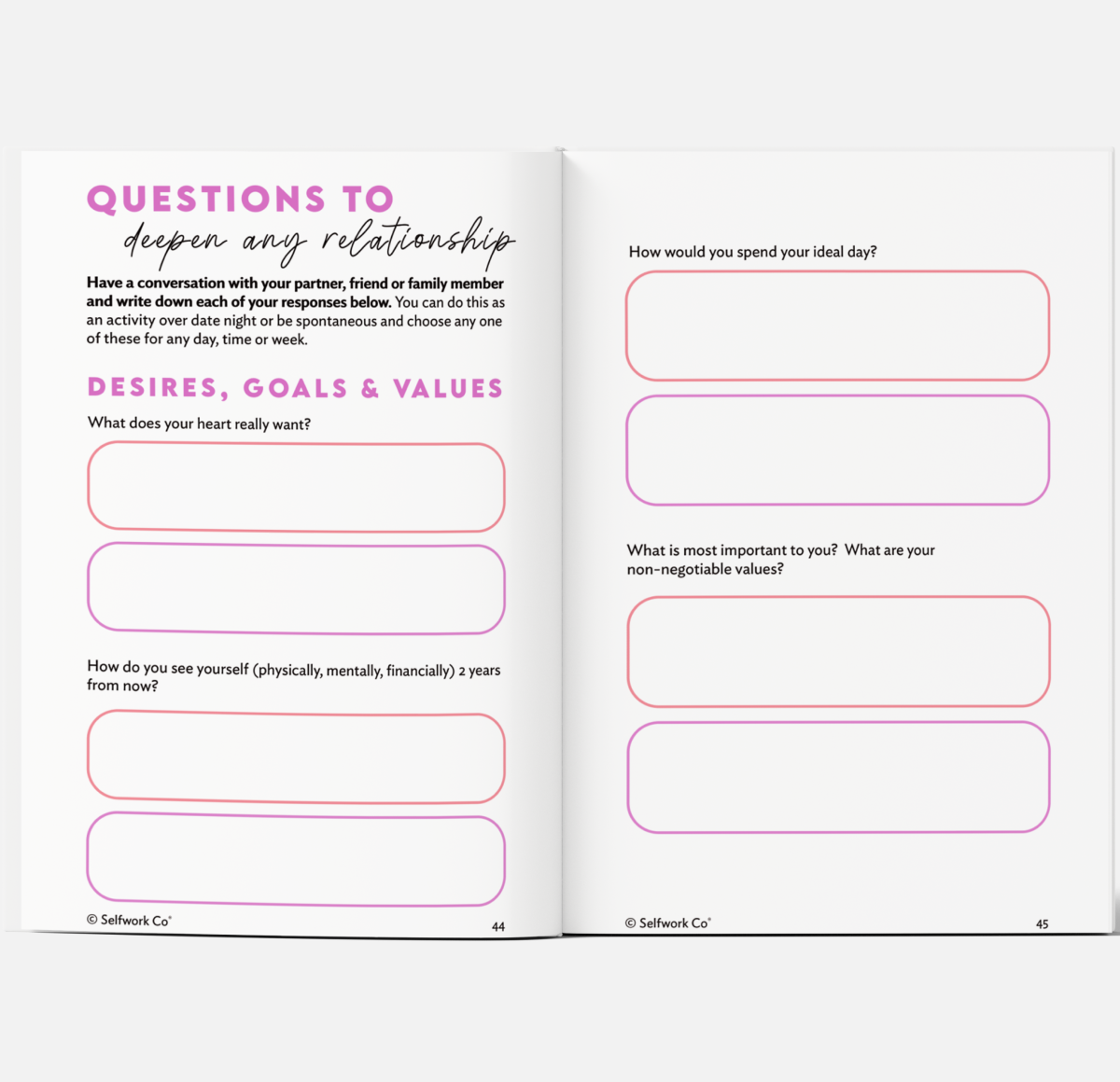 Two-page spread from Closer hardcover showing relationship prompts to explore desires, goals, and values with your partner.