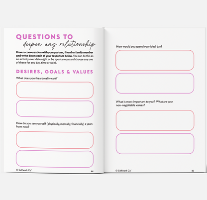 Two-page spread from Closer hardcover showing relationship prompts to explore desires, goals, and values with your partner.