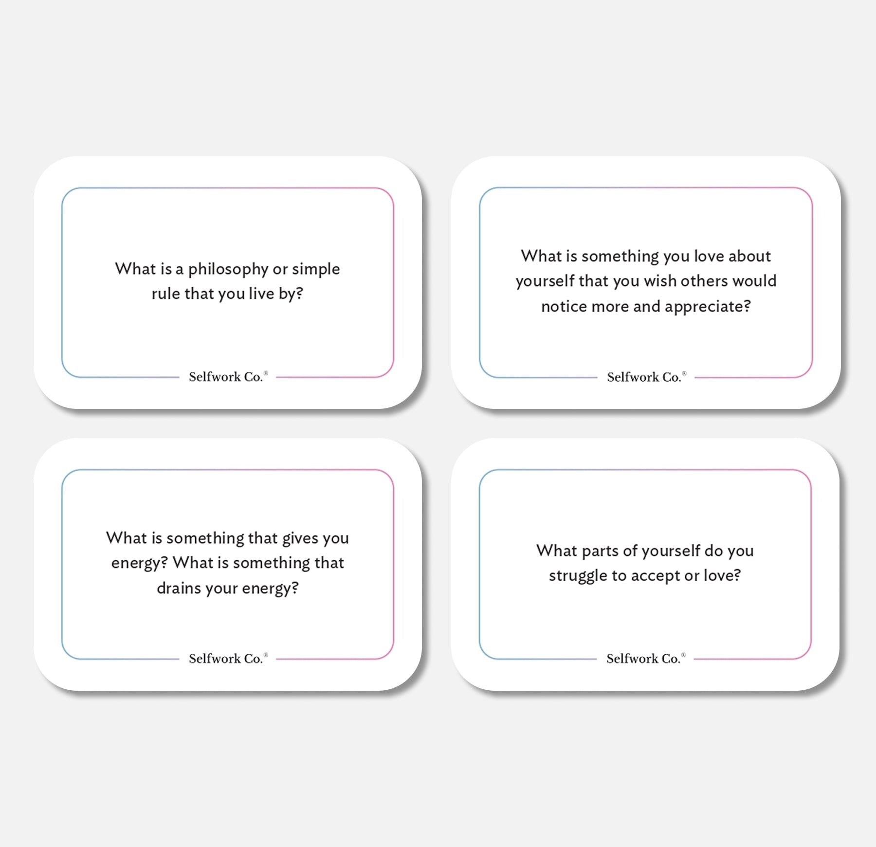 Close-up of four Connect deck cards by SelfWork Co. featuring introspective questions designed to deepen emotional connection, including prompts about values, self-love, energy, and personal growth