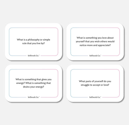 Close-up of four Connect deck cards by SelfWork Co. featuring introspective questions designed to deepen emotional connection, including prompts about values, self-love, energy, and personal growth