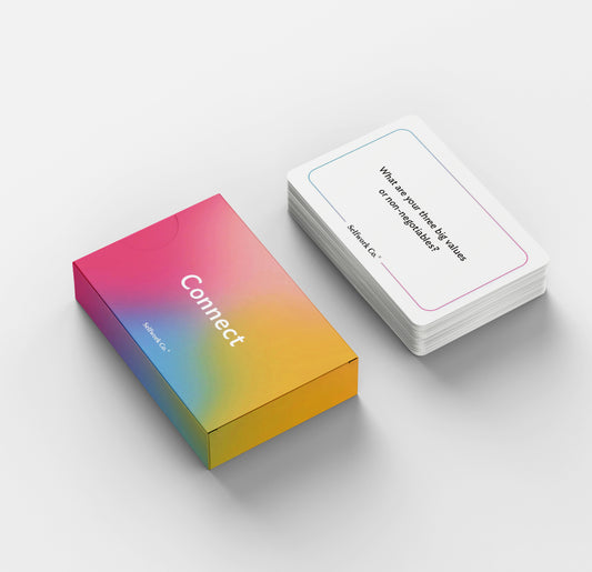 Connect card deck by SelfWork Co. featuring meaningful questions to spark reflection and strengthen personal relationships, shown with vibrant gradient packaging and sample card