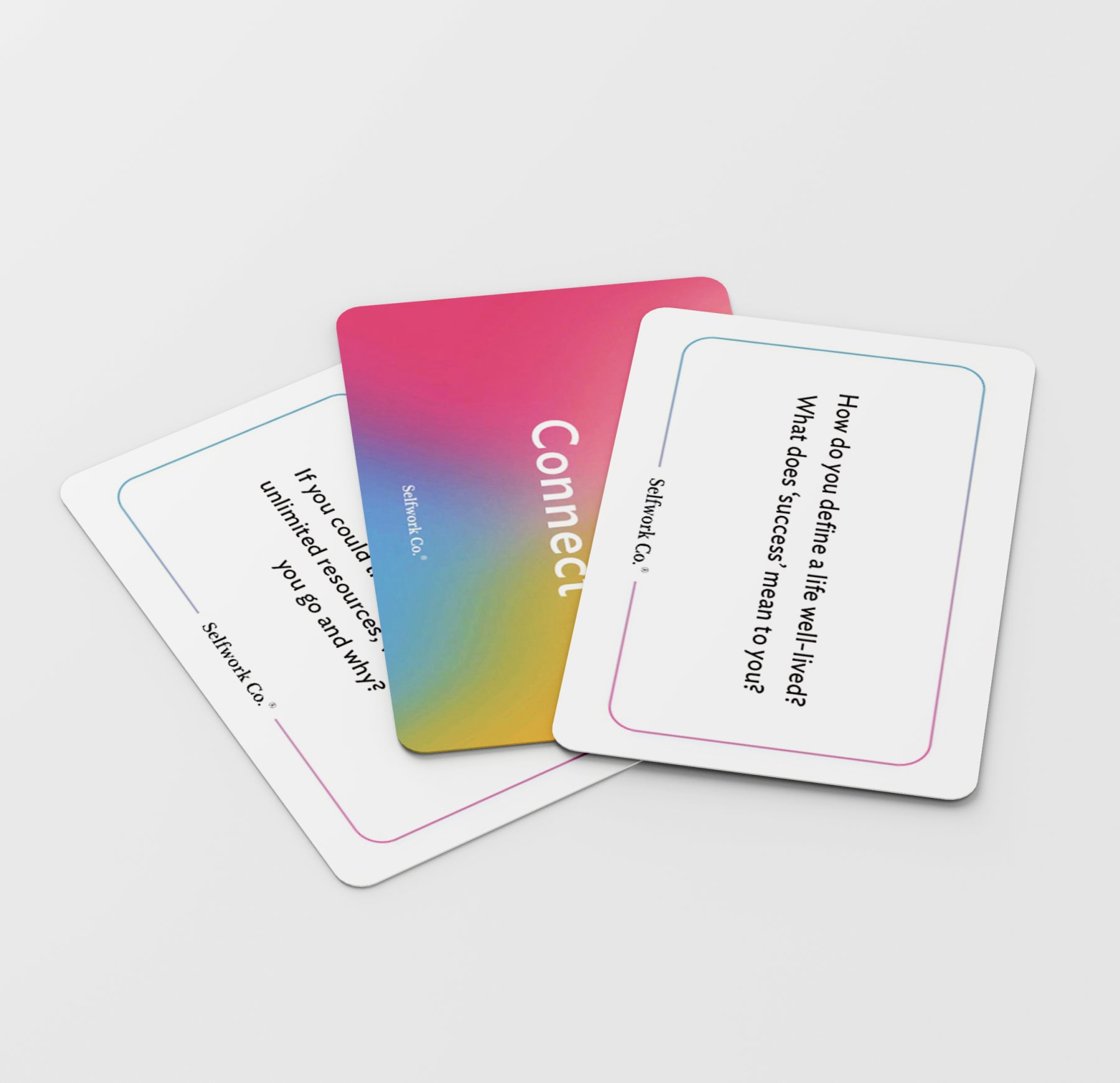 Three Connect cards by SelfWork Co. featuring deep reflection prompts on purpose, success, and life values, designed to spark meaningful conversations and emotional connection