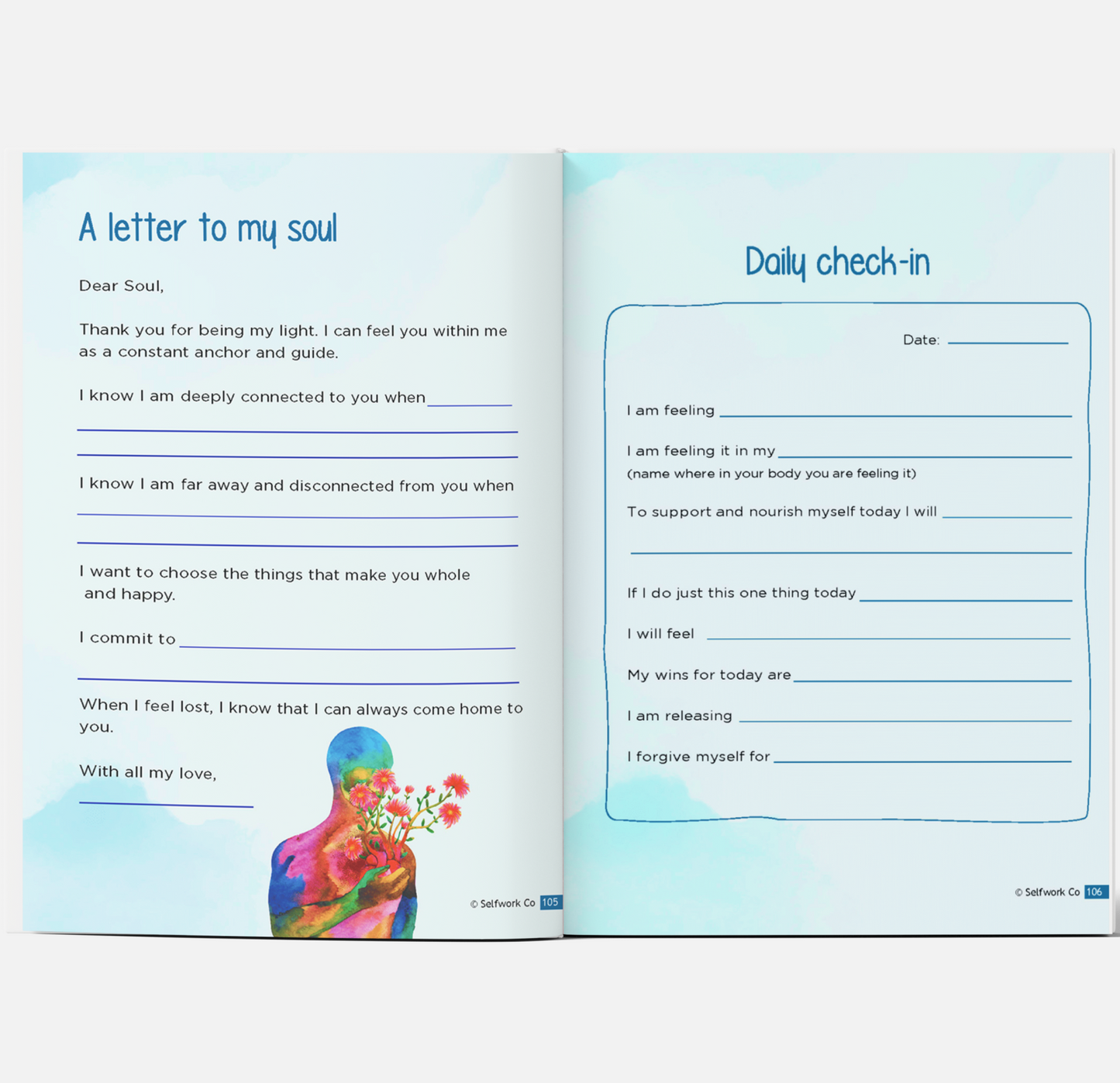 Tender Love workbook pages with a guided self-reflection letter and daily emotional check-in worksheet