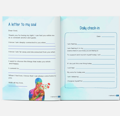 Tender Love workbook pages with a guided self-reflection letter and daily emotional check-in worksheet